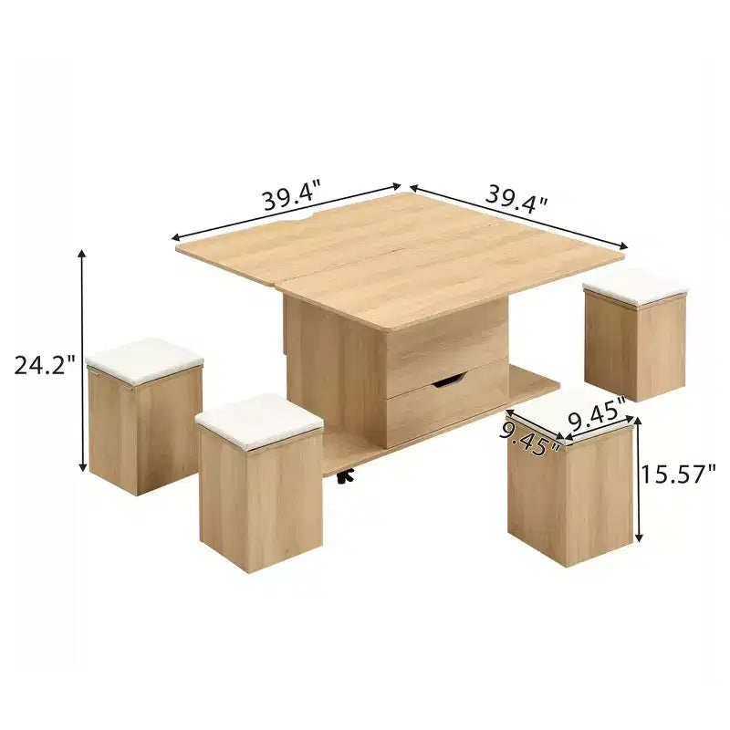 Multifunktionaler moderner Couchtisch mit Hebefunktion, verstecktem Stauraum, 4 Hockern und Rollen, perfekt für moderne Wohnbereiche