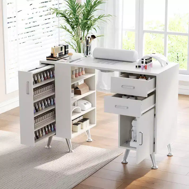 42'' Manikürtisch für Nageldesigner mit Staubabsaugung und Handauflage, Nageltisch mit vertikalem Ausziehschrank, 1 Aufbewahrungsschrank, 2 Schubladen