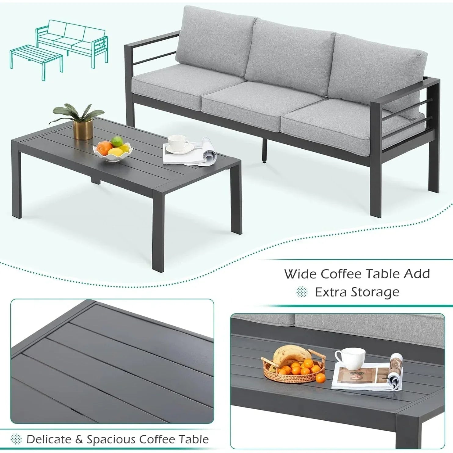 AECOJOY 7-teiliges Aluminium-Terrassenmöbel-Set Outdoor-Gesprächsgarnitur