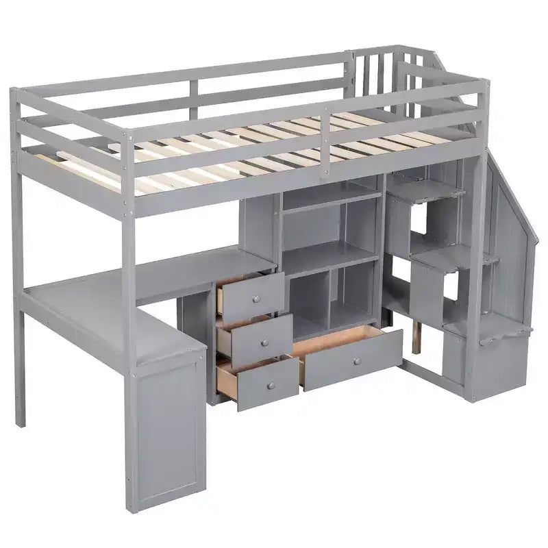 Hochbett in Twin-Größe mit L-förmigem Schreibtisch, 3 Schubladen, Schrank, Treppenstauraum, aus massivem Kiefernholz/MDF gefertigt