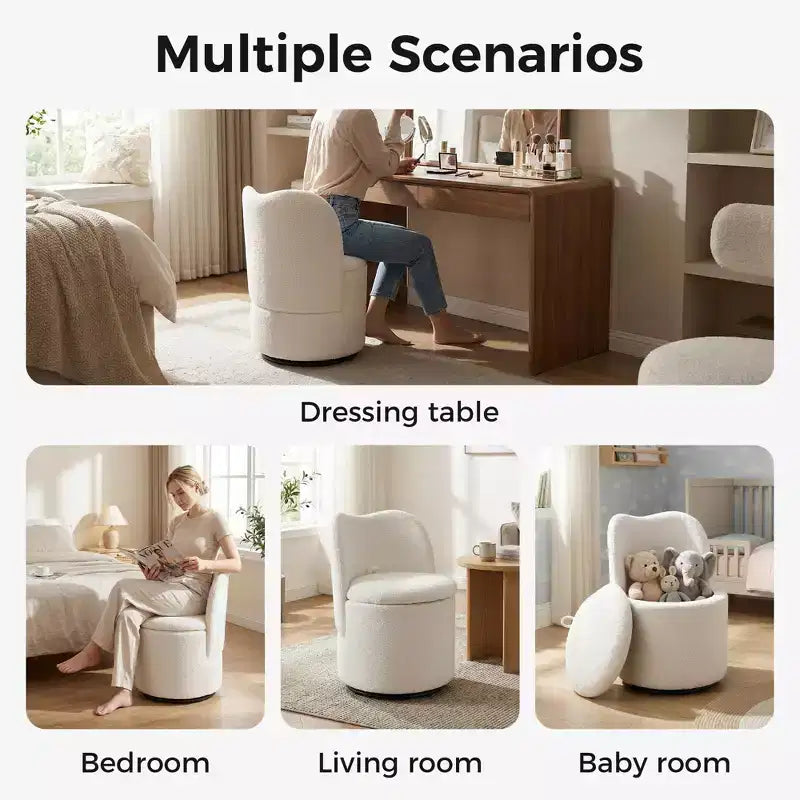 Drehbarer Schminkstuhl mit Stauraum, gepolsterter runder Make-up-Hocker mit Rückenlehne, weich gepolsterter Fass-Akzent-Sessel für Schlafzimmer und Wohnzimmer