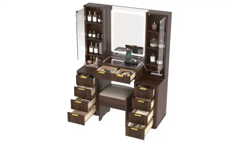 JVNOXK 43,5-Zoll modernes Schminktisch-Set mit Spiegel und Beleuchtung, ausgestattet mit Schubladen und transparentem Glasschrank, inklusive Hocker und Ladestation, Braun