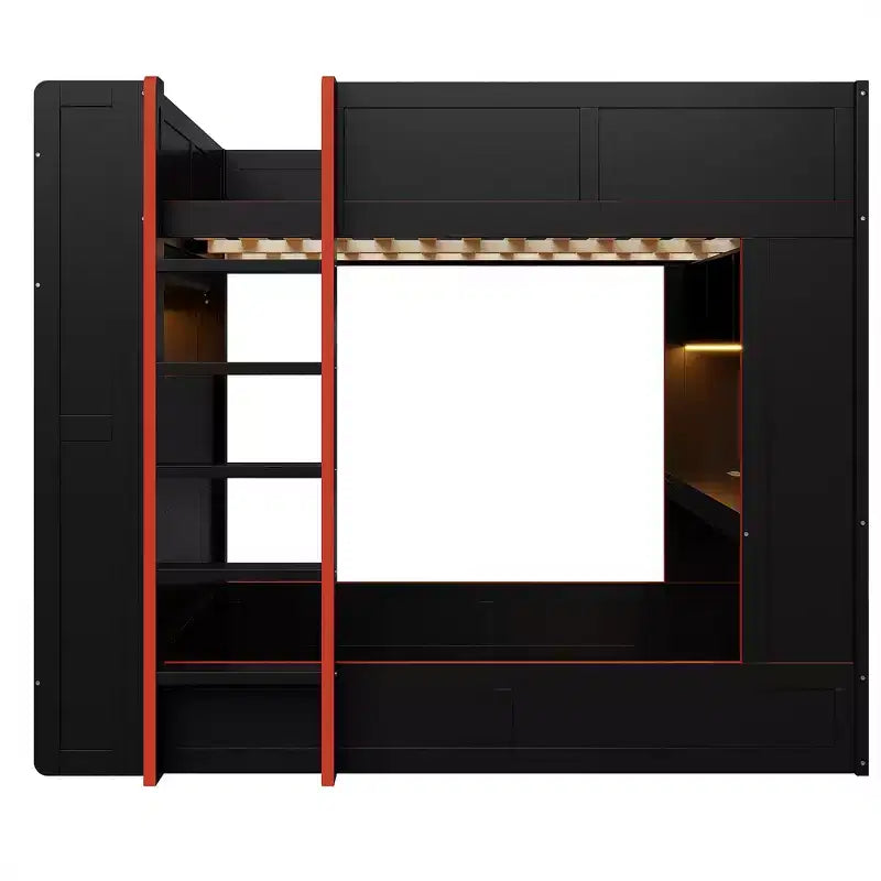 Holz-Gaming-Etagenbett in voller Größe mit integriertem Schreibtisch, Ablageregalen, 7-farbiger LED-Beleuchtung und Ladestation, Schwarz - ModernLuxe