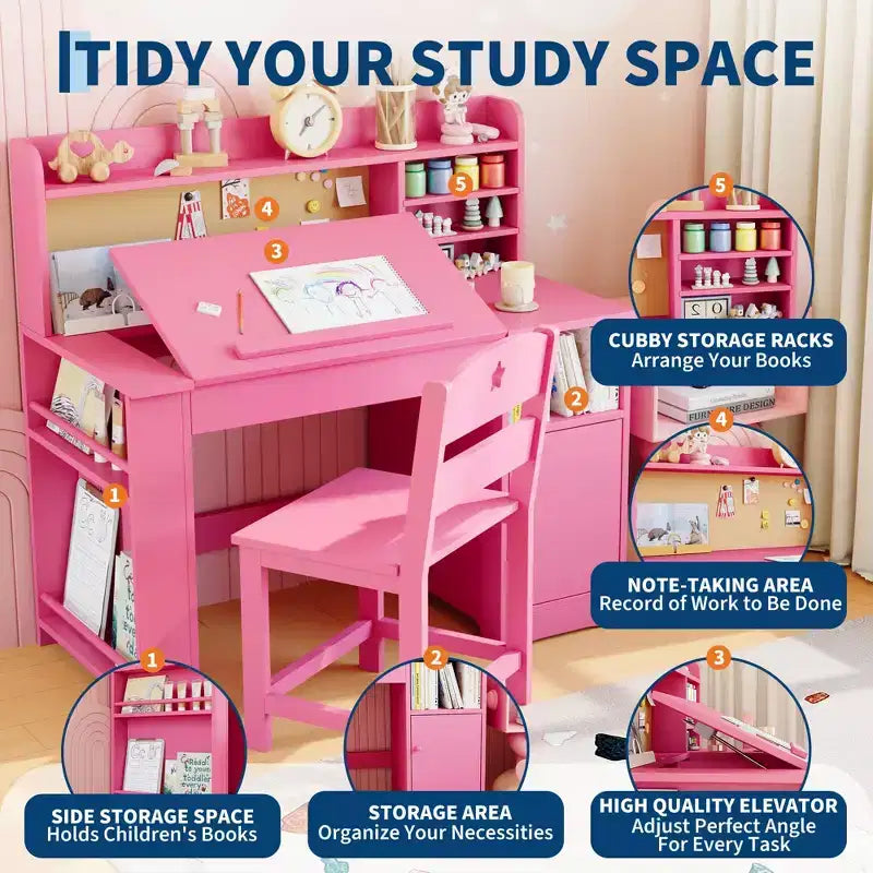 Kinder Schreibtisch & Stuhl Set mit Stauraum, Kinder Schreibtisch mit Aufsatz und neigbarer Platte, für 3-8 Jahre, Schreibtisch für Studenten im Schlafzimmer