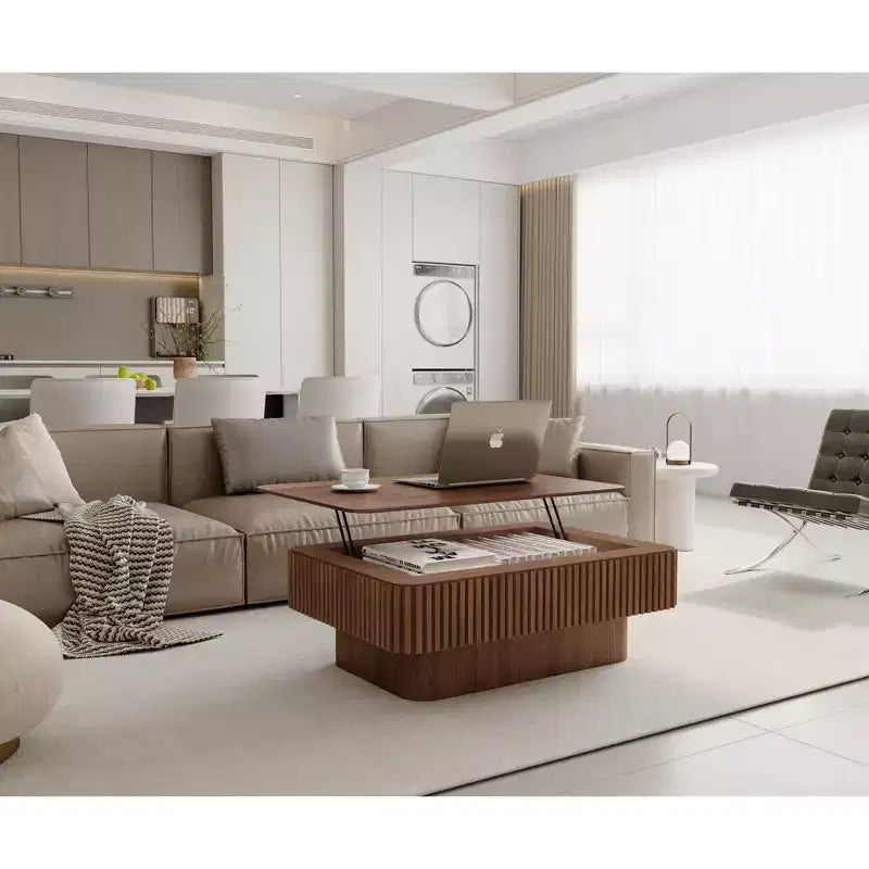 JVNOXK 38.6'' Geriffelter Couchtisch mit Stauraum und Liftfunktion, Massivholzfurnier Höhenverstellbarer Moderner Akzenttisch für Wohnzimmer, Schlafzimmer, Walnuss