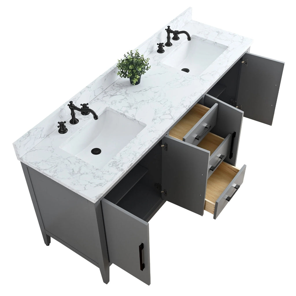 Vanity Art 72 Zoll Badezimmer-Waschtischunterschrank mit Doppelwaschbecken und Kunstmarmorplatte