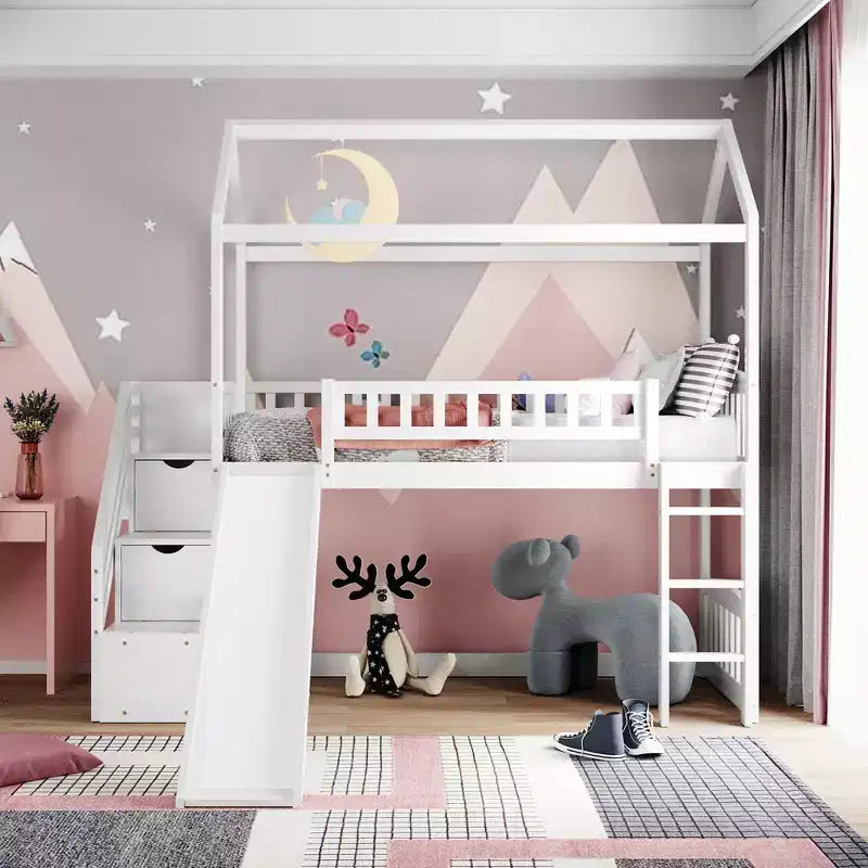 Doppelhaus-Hochbett mit Rutsche und Treppe, Hochbett mit Aufbewahrungsschubladen, Holzhaus-Hochbett für Kinder und Kleinkinder