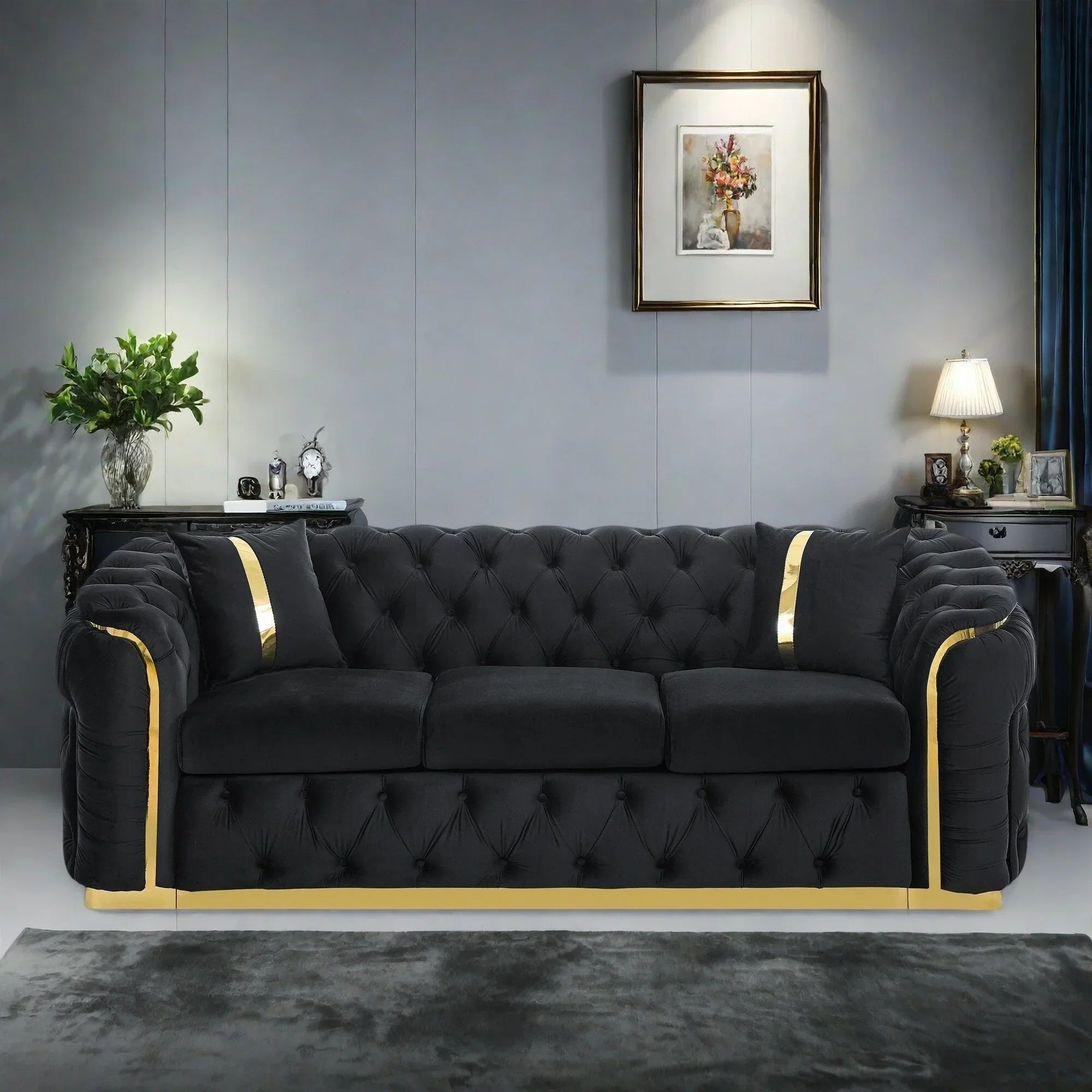 90.6 Samt-Dreisitzer-Sofa mit 2 Kissen, hochdichten Polstern, goldenen Akzenten und Kissen
