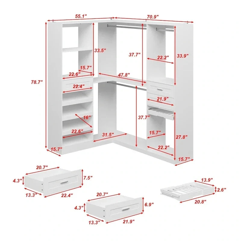 Eckkleiderschrank mit 2 Kleiderstangen, Hosenhalter und Schuhaufbewahrung