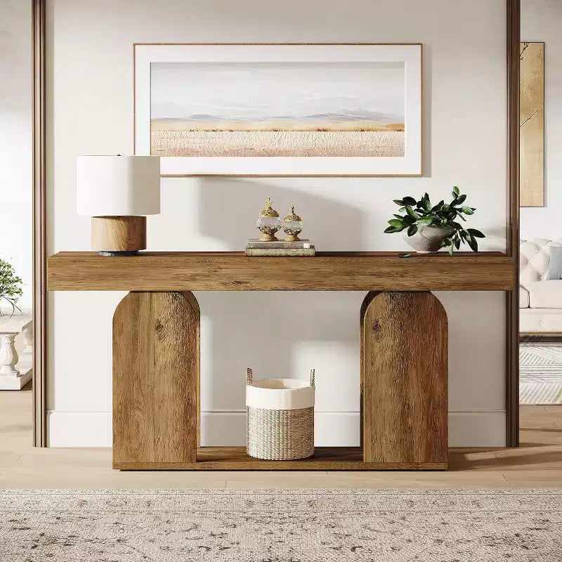 Lantine 70,9 Zoll extralanger Konsolentisch im Landhausstil mit 2-stöckigem Holzregal, geeignet für Flur, Wohnzimmer, Eingangsbereich, Vintage Braun.