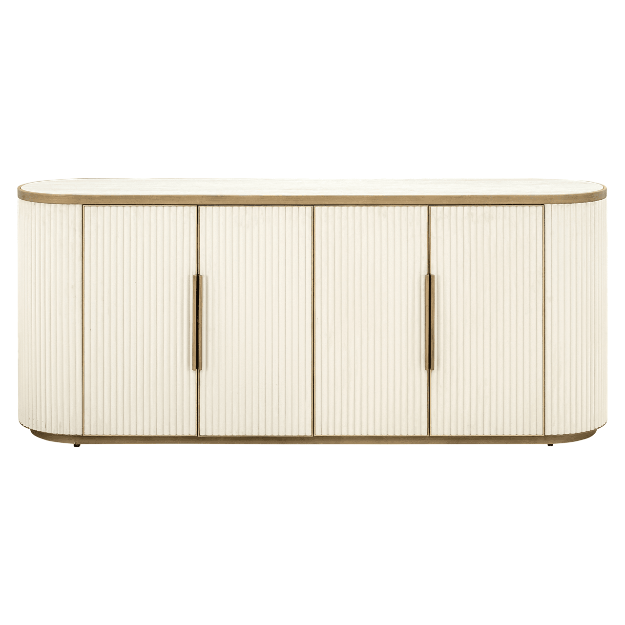 Cremefarbenes und goldfarbenes geriffeltes ovales Sideboard mit 4 Türen und Keramik-Marmorplatte