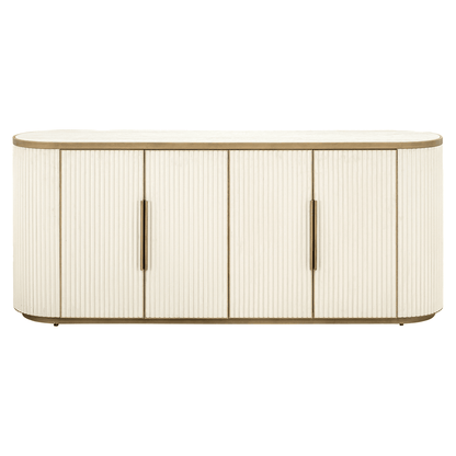 Cremefarbenes und goldfarbenes geriffeltes ovales Sideboard mit 4 Türen und Keramik-Marmorplatte