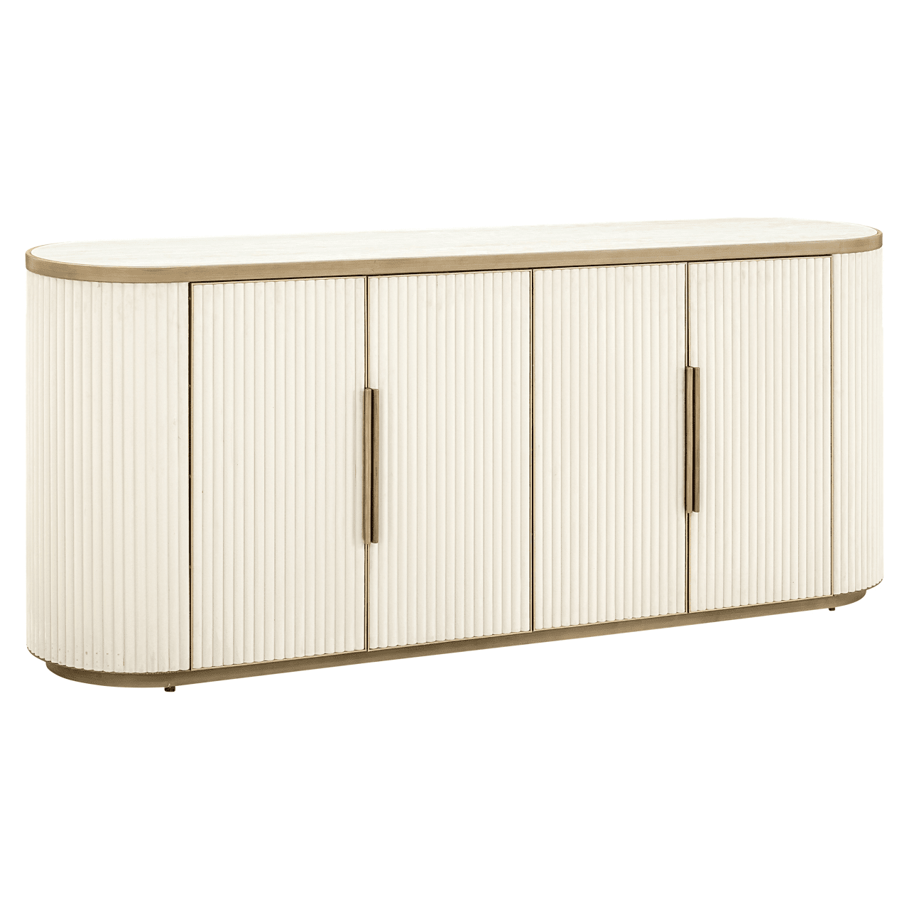 Cremefarbenes und goldfarbenes geriffeltes ovales Sideboard mit 4 Türen und Keramik-Marmorplatte