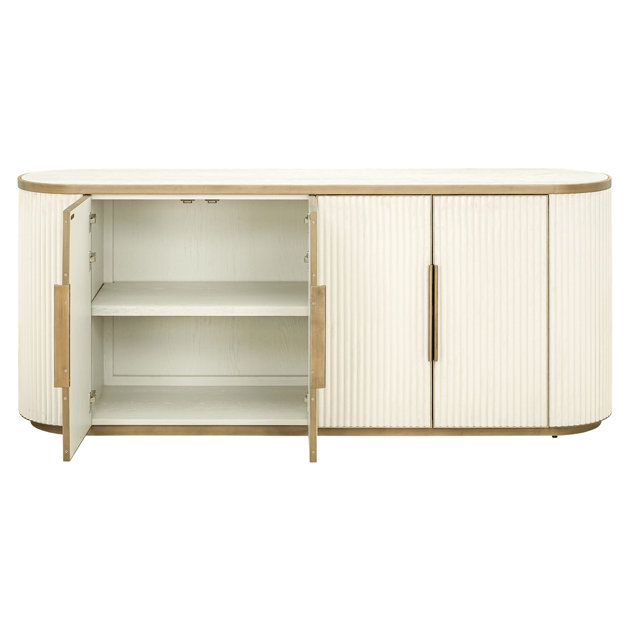 Cremefarbenes und goldfarbenes geriffeltes ovales Sideboard mit 4 Türen und Keramik-Marmorplatte