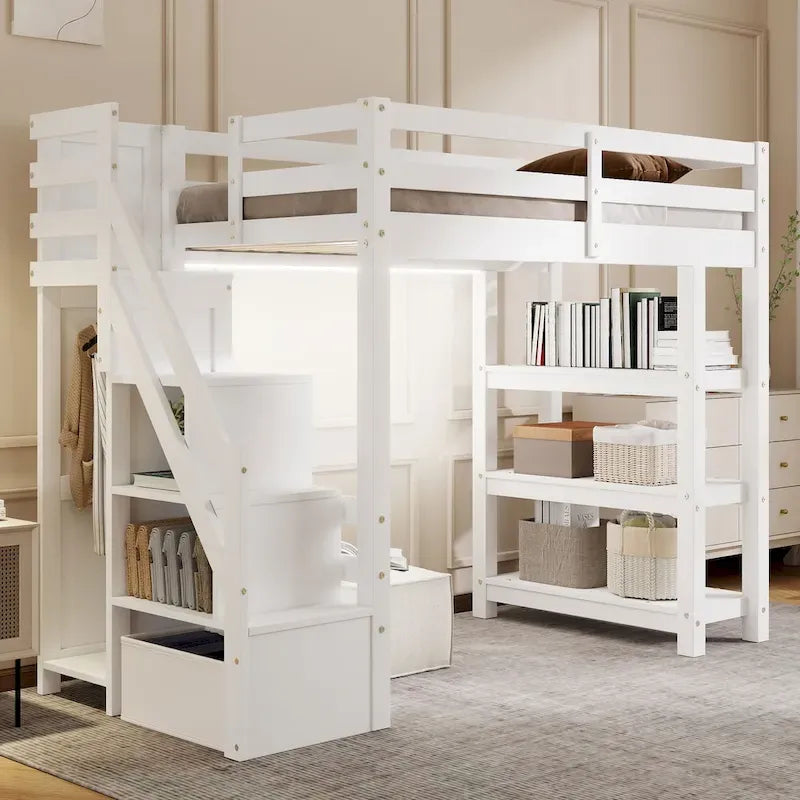 Hochbett mit Stauraumtreppe (Einzel-/Doppelbett) – Regale, Kleiderschrank & LED-Beleuchtung, platzsparendes Design