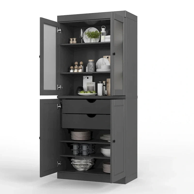 Vollholz-Vorratschrank mit Milchglastüren, Holztüren, 2 Schubladen und verstellbaren Einlegeböden