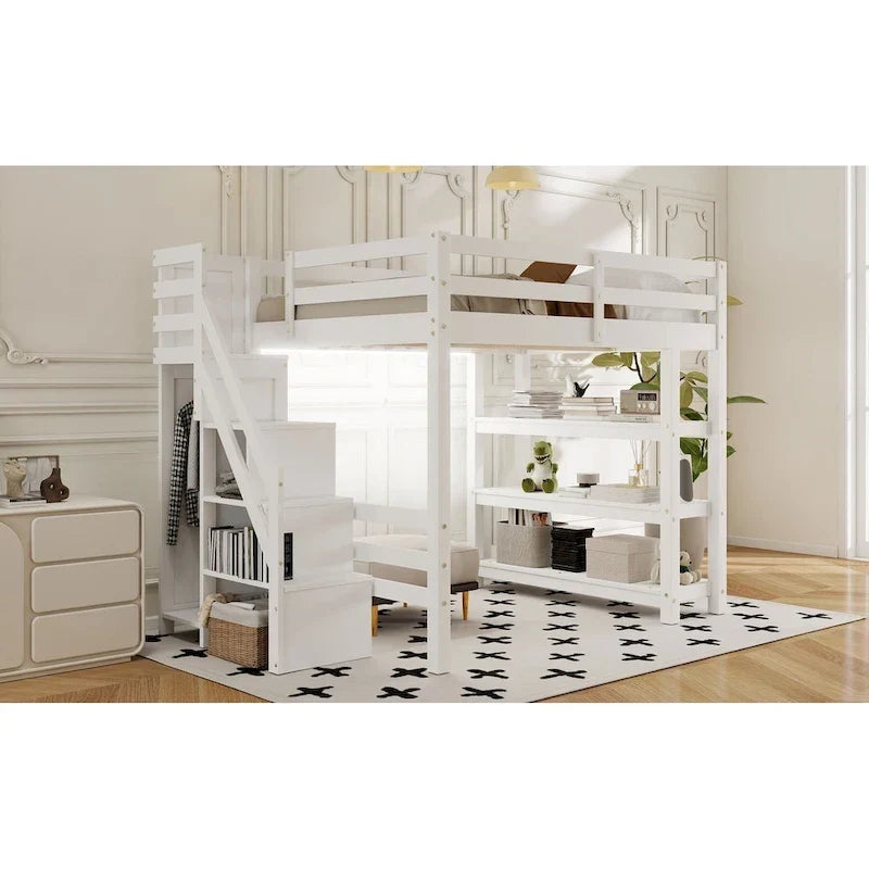 Hochbett mit Stauraumtreppe (Einzel-/Doppelbett) – Regale, Kleiderschrank & LED-Beleuchtung, platzsparendes Design