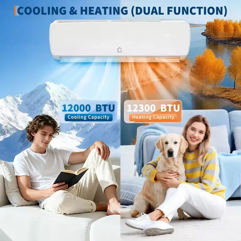 Extrem leise 42 dB | 12000 BTU 19 SEER Kanallose Mini-Split Klimaanlage mit Wärmepumpe | 3-in-1 Kühlen, Heizen & Entfeuchten | 230V Weißes Inverter-AC-System