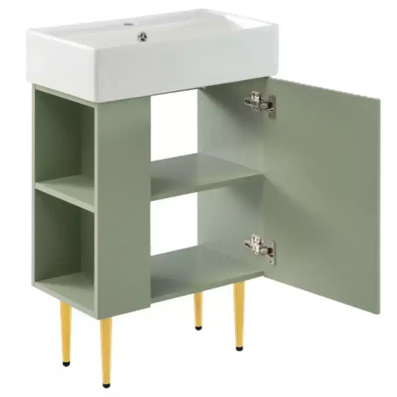 21.6 weißer Badezimmer-Waschtisch, Kombi-Schrank, Badezimmerschrank, Einzelkeramikwaschbecken, Stauraum auf der linken Seite