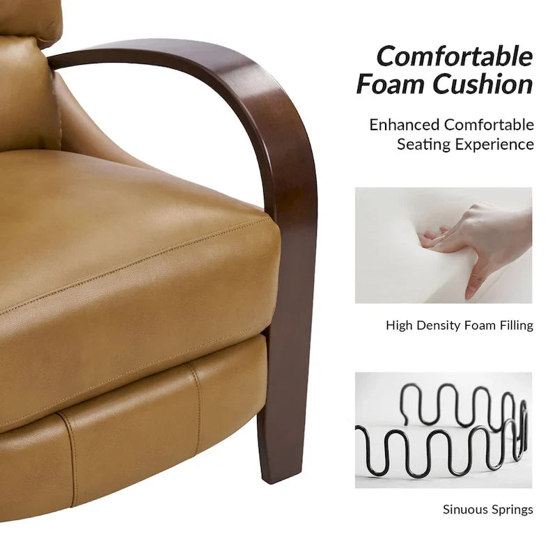 Alex Mid-Century Modern Zigarren-Sessel aus echtem Leder mit manueller Relaxfunktion und geschwungenen Holzarmlehnen