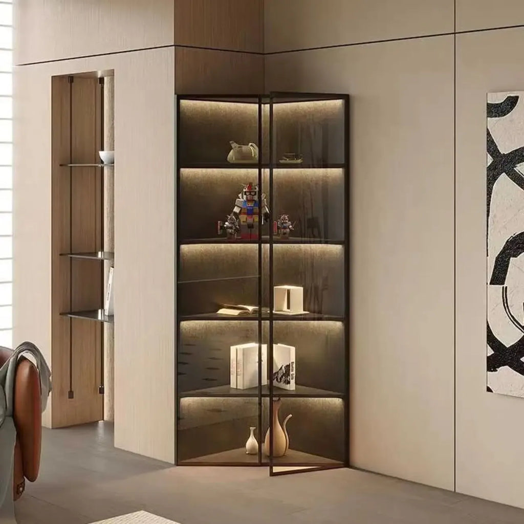 Modernes graues Eck-Standregal aus Metall und Holz mit Glastür