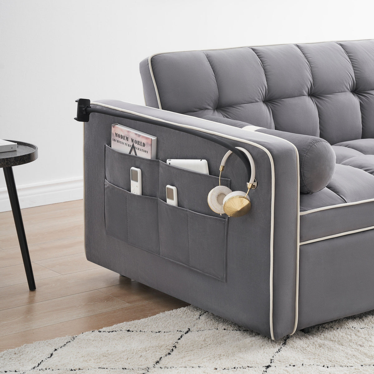 Samt-Schlafsofa zum Umbauen, 140 cm, 2-Sitzer, mit Ausziehbett, verstellbarer Rückenlehne, Seitentaschen und Handyhalterung