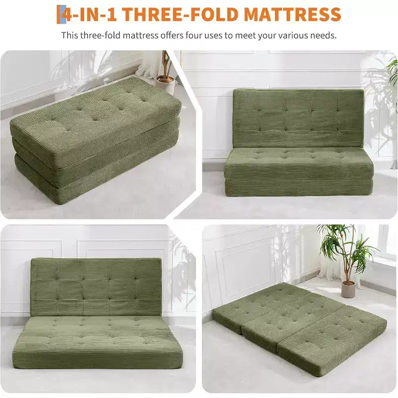 SunnyFurn 6 Zoll Dreifach-Klappmatratze Schlafsofa, 75x54,3 Schaumstoff-Gästebett mit getuftetem Cordbezug, tragbar für Camping, Wohnzimmer, Schlafzimmer