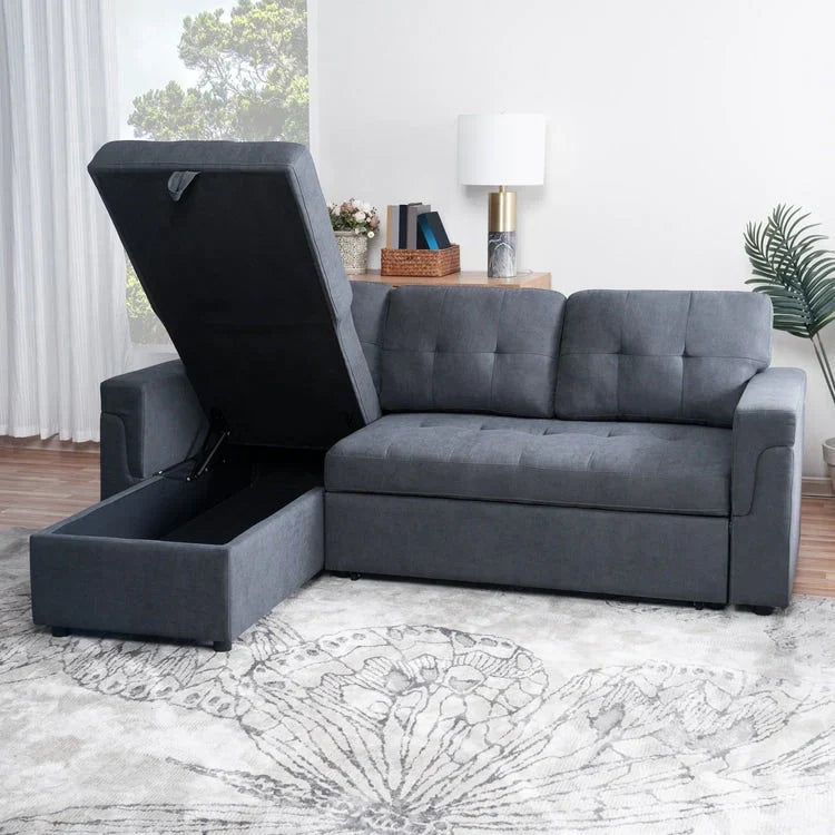 Verwandelbares, umbaubares Ecksofa mit ausziehbarem Schlafsofa, versteckter Aufbewahrung in der Récamiere und robusten Beinen