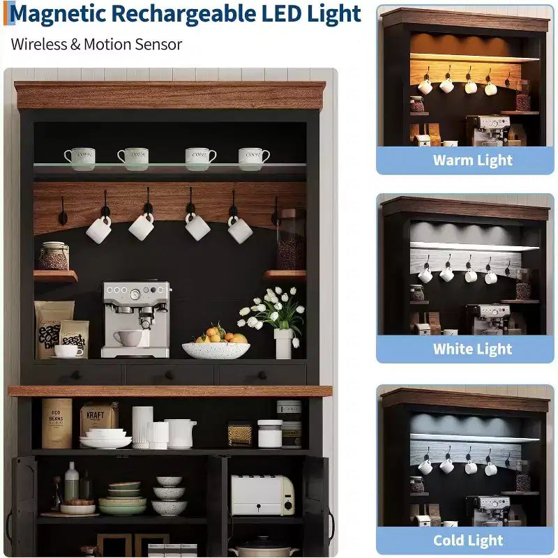 72" Hoher Bauernhaus-Kaffeebar-Schrank mit LED-Beleuchtung, Küchenbuffet mit Türen und Schublade, verstellbaren Einlegeböden, geräumiger Stauraum