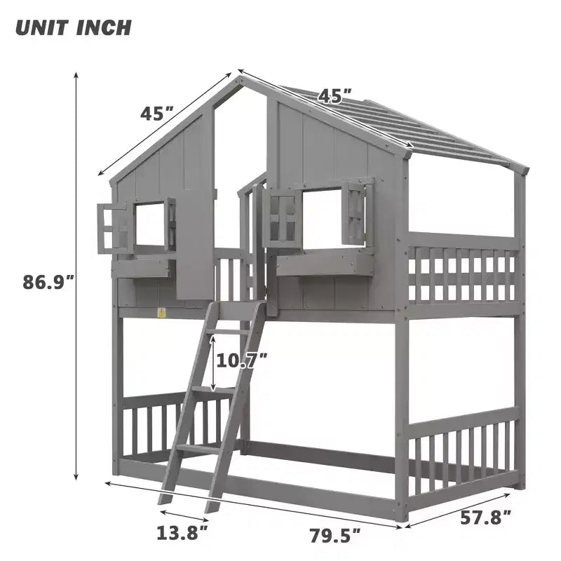 Doppel-Loftbett in Hausform, Holzspielhaus-Loftbett mit Leiter und Schutzgittern für Kinder