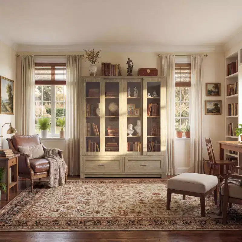 Famapy Vitrine aus heller Eiche: 63 cm breit, Schiebetüren aus Glas + Schubladen. Geräumiger Organizer für Heimbüchereien und Wohnzimmer