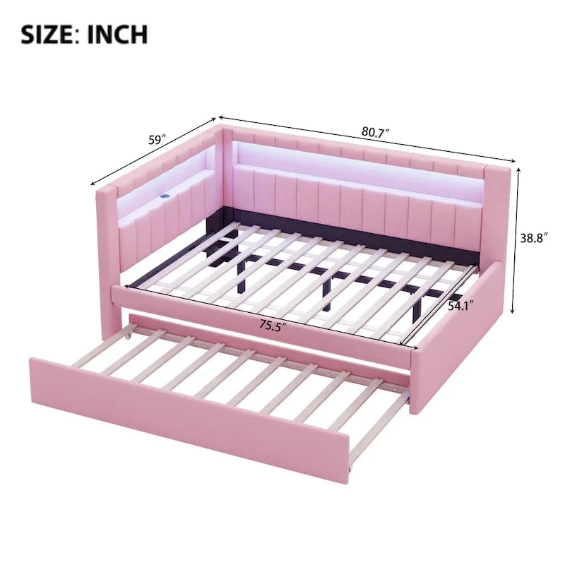 Gepolstertes Plattformbett mit USB-Anschlüssen & LED-Beleuchtung – Einzel-/Doppelbettgestell mit 2 Schubladen – Modernes Schlafzimmer