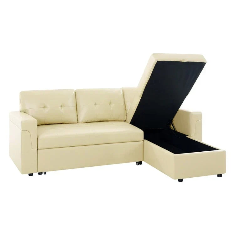 Verwandelbares, umbaubares Ecksofa mit ausziehbarem Schlafsofa, versteckter Aufbewahrung in der Récamiere und robusten Beinen