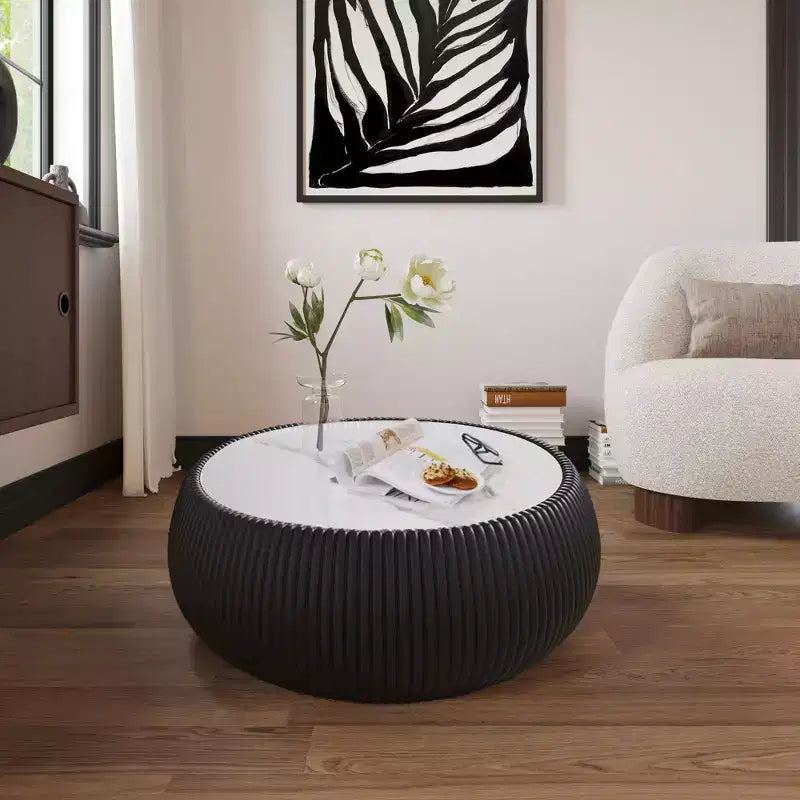 Okak Moderner runder Trommel Couchtisch mit Marmorplatte und Lederseite, Modischer Beistelltisch für Wohnzimmer, Schlafzimmer