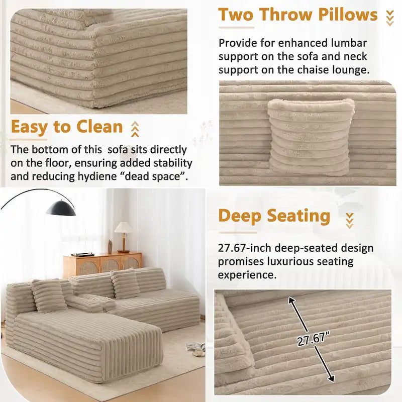 Cloud-Ecksofa, modernes Polstersofa mit 2 Wurfkissen, frei kombinierbares Sofa, modulares L-förmiges Ecksofa