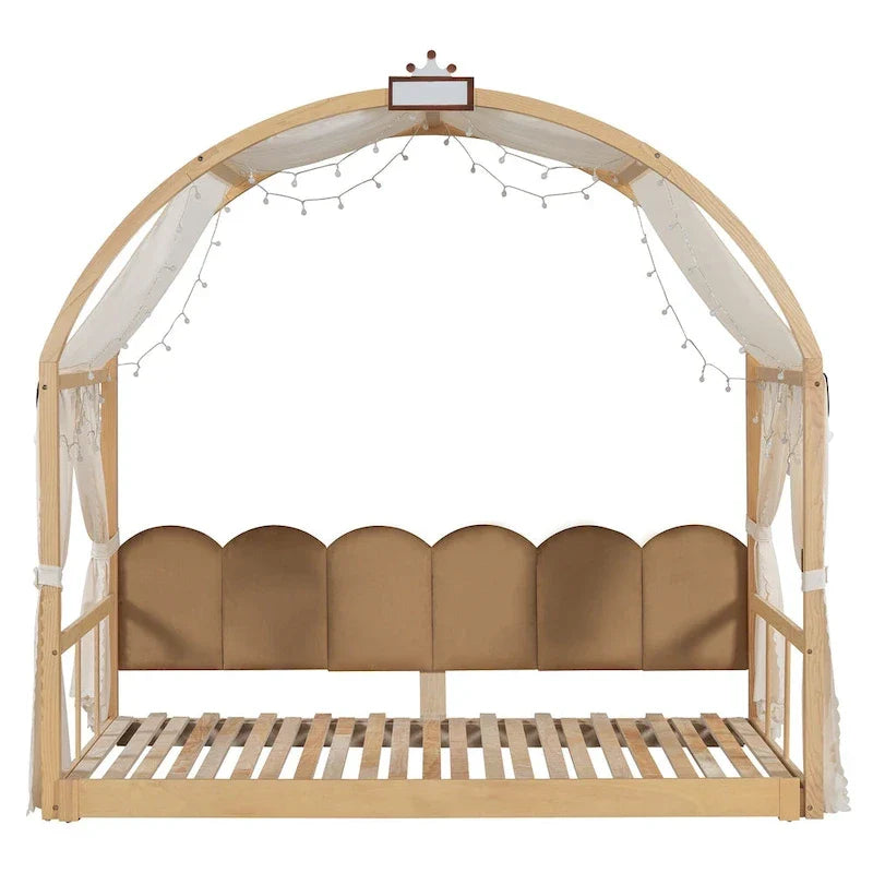 Massivholz-Spielhaus-Plattformbett, Montessori-Bettrahmen mit gewölbtem Dach und Ausziehbett für Mädchen und Jungen