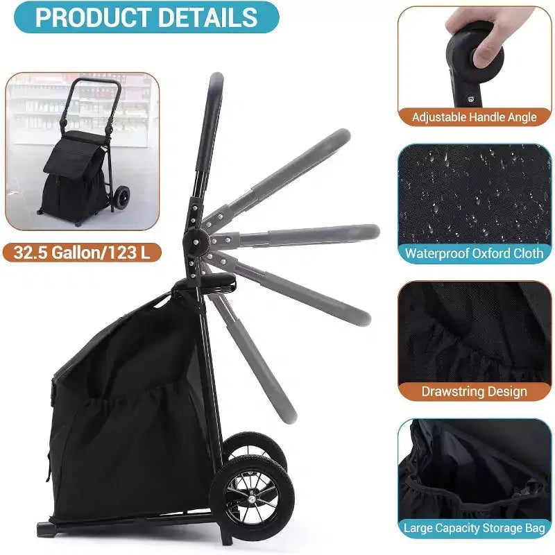 Acekool 2-in-1 faltbarer Handwagen Einkaufstrolley mit abnehmbarer wasserdichter Tasche, dickem Sitzkissen und verstellbarem rutschfesten Griff, Schwarz