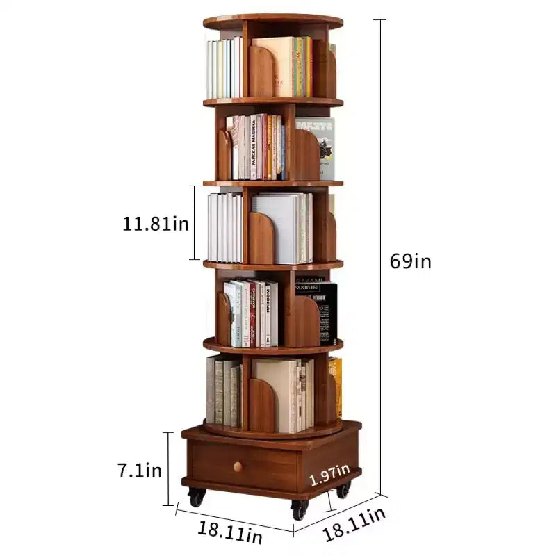 Chic Crate 6-stöckiges, um 360° drehbares Eckregal mit Rollen, schmales Bücherregal für kleine Räume, Nussbaumbraun