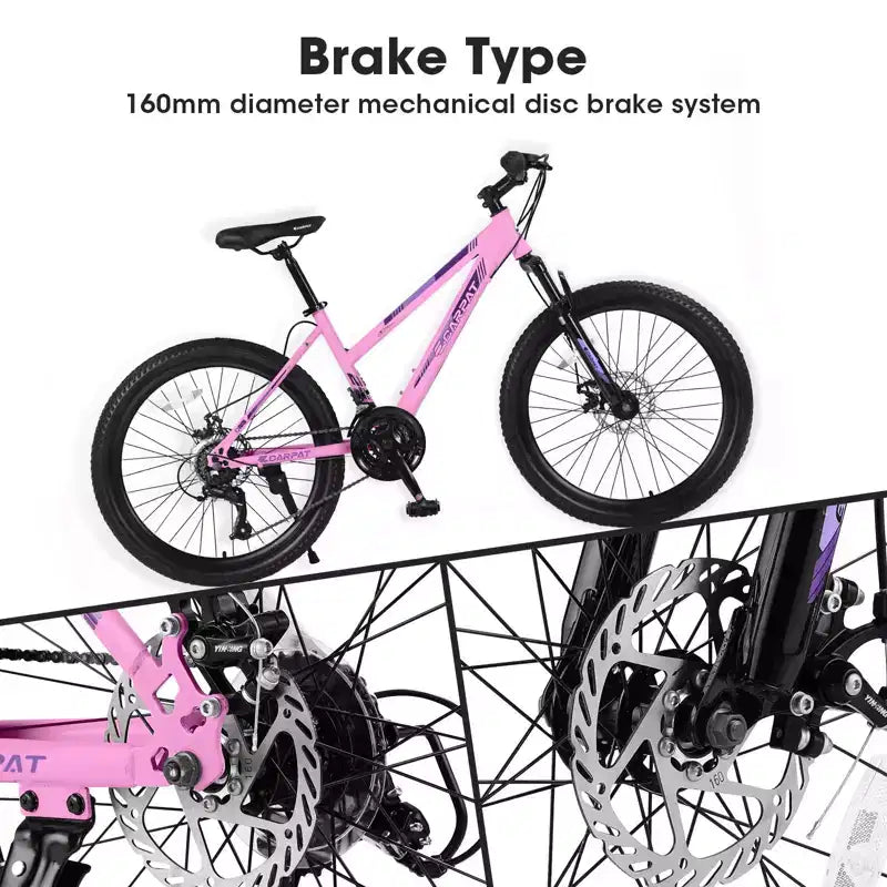 Okak 24/26 Zoll Mountainbike mit 21 Gängen und doppelten Scheibenbremsen, Kinderfahrrad mit 100mm Federgabel, Dirt Bike für Teenager und Frauen