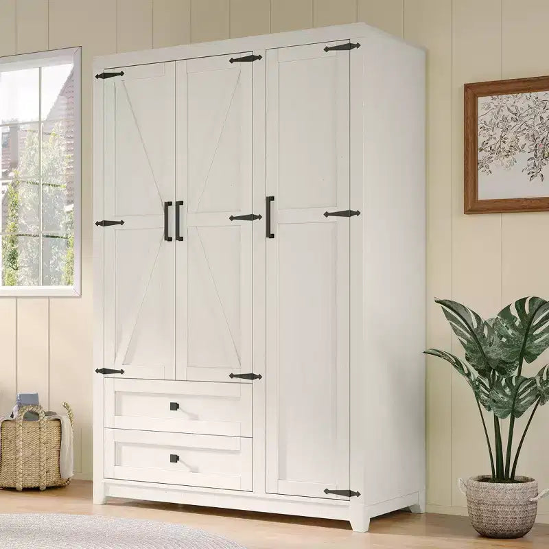 AMERLIFE 47 Bauernhaus-Kleiderschrank mit 3 Türen, 2 Schubladen, Kleiderstange und verstellbaren Einlegeböden, freistehender Schrank-Organizer