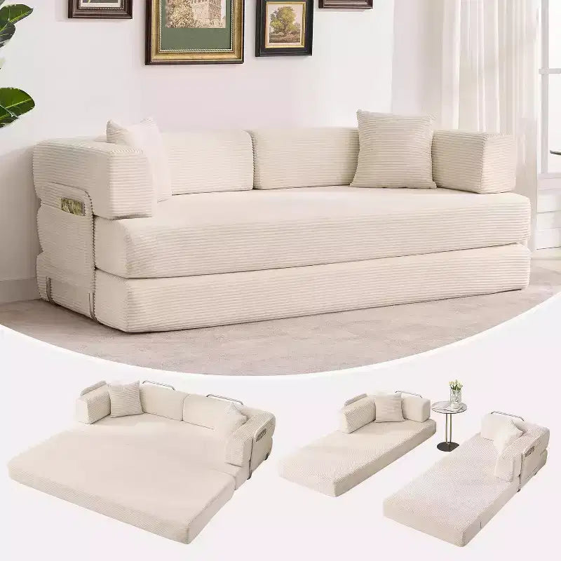 5-in-1 Schlafsofa, 78.8 Modulares Cord-Schlafsofa mit stabilem Rahmen, Multifunktions-Futon für kleine Räume, Wohnzimmer und Gästezimmer
