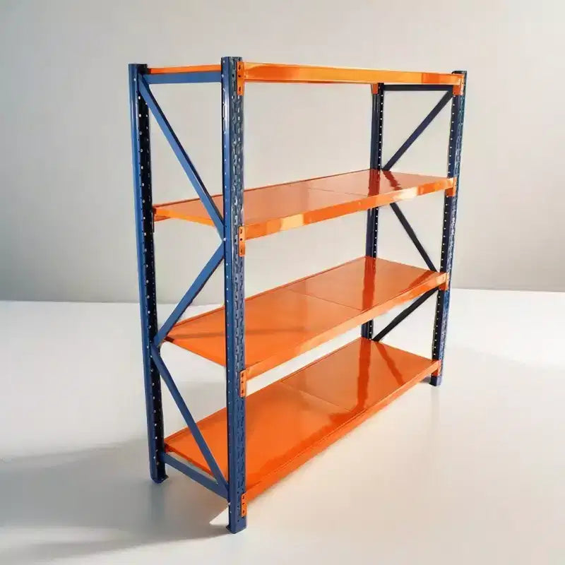 VIYET Schwerlast-Garagenregale, 4-stöckig, 2000 kg Tragkraft, verstellbares Metallregal, blau-orangefarbene Industrieregale für Geschäft/Werkzeuge/Fitnessstudio