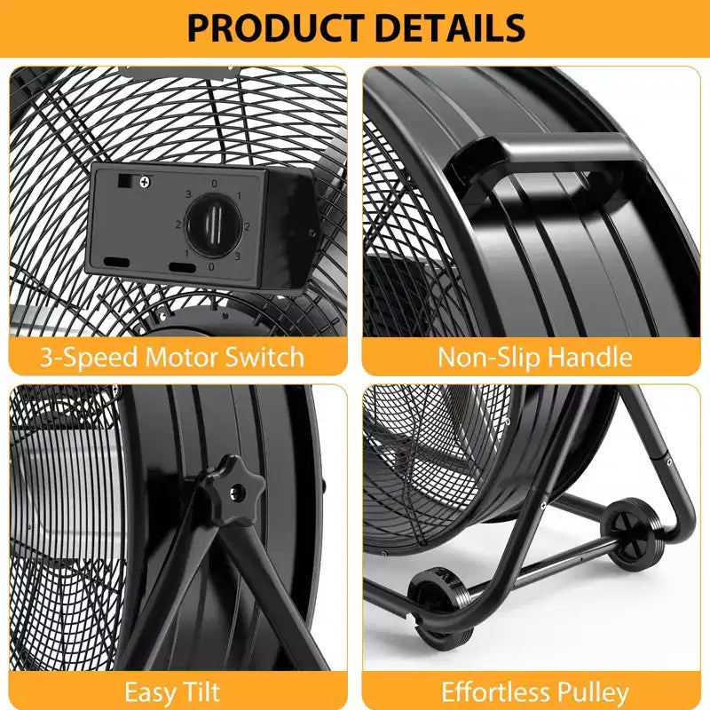Bodenventilator, Industrieventilator – 24 Zoll Schwerlast Trommelventilator mit 4 Geschwindigkeiten, Luftzirkulator aus Metall für Lagerhalle, Werkstatt, Garage, Fabrik, Keller