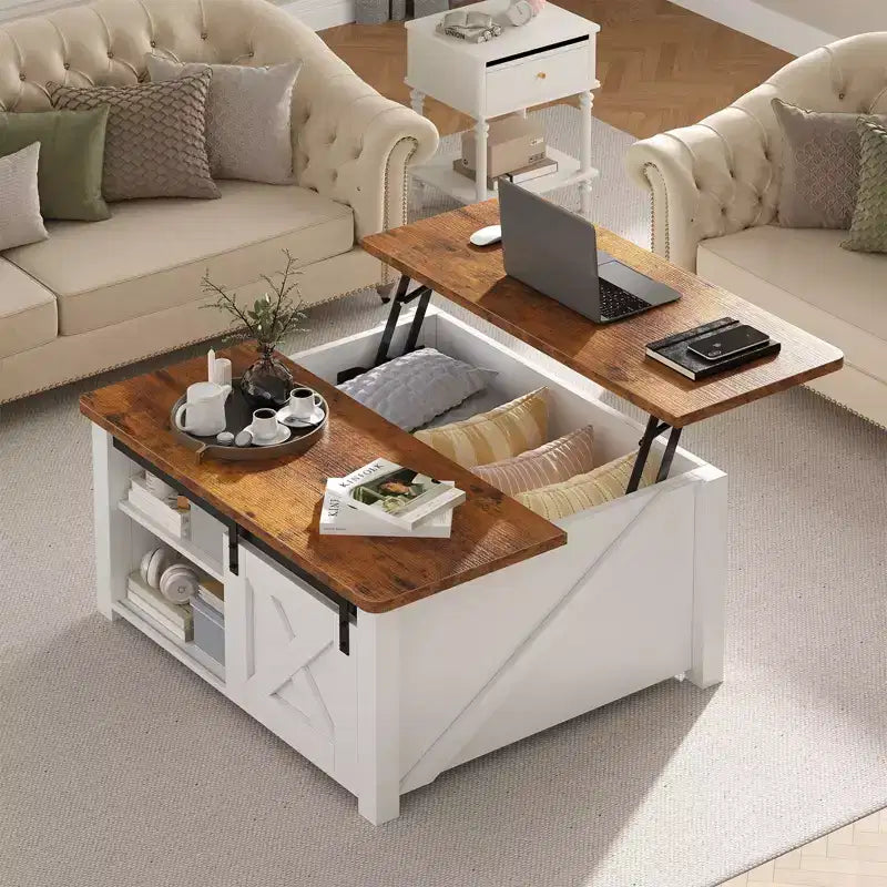 JIONJOY 31.5 Couchtisch mit anhebbarer Platte und großem verstecktem Stauraum, verstellbaren Regalböden, quadratischer Beistelltisch im Landhausstil für Wohnzimmer, kleine Räume