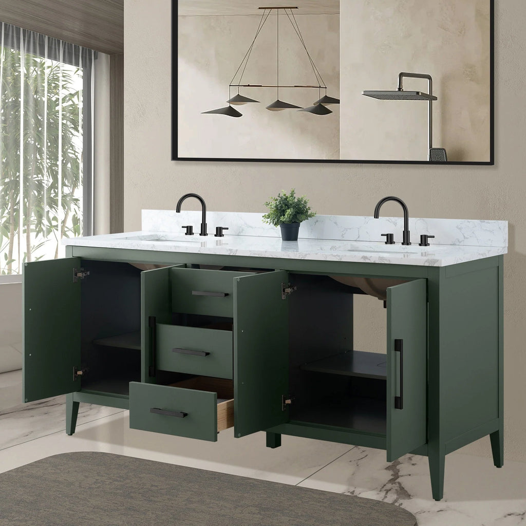 Vanity Art 72 Zoll Badezimmer-Waschtischunterschrank mit Doppelwaschbecken und Kunstmarmorplatte