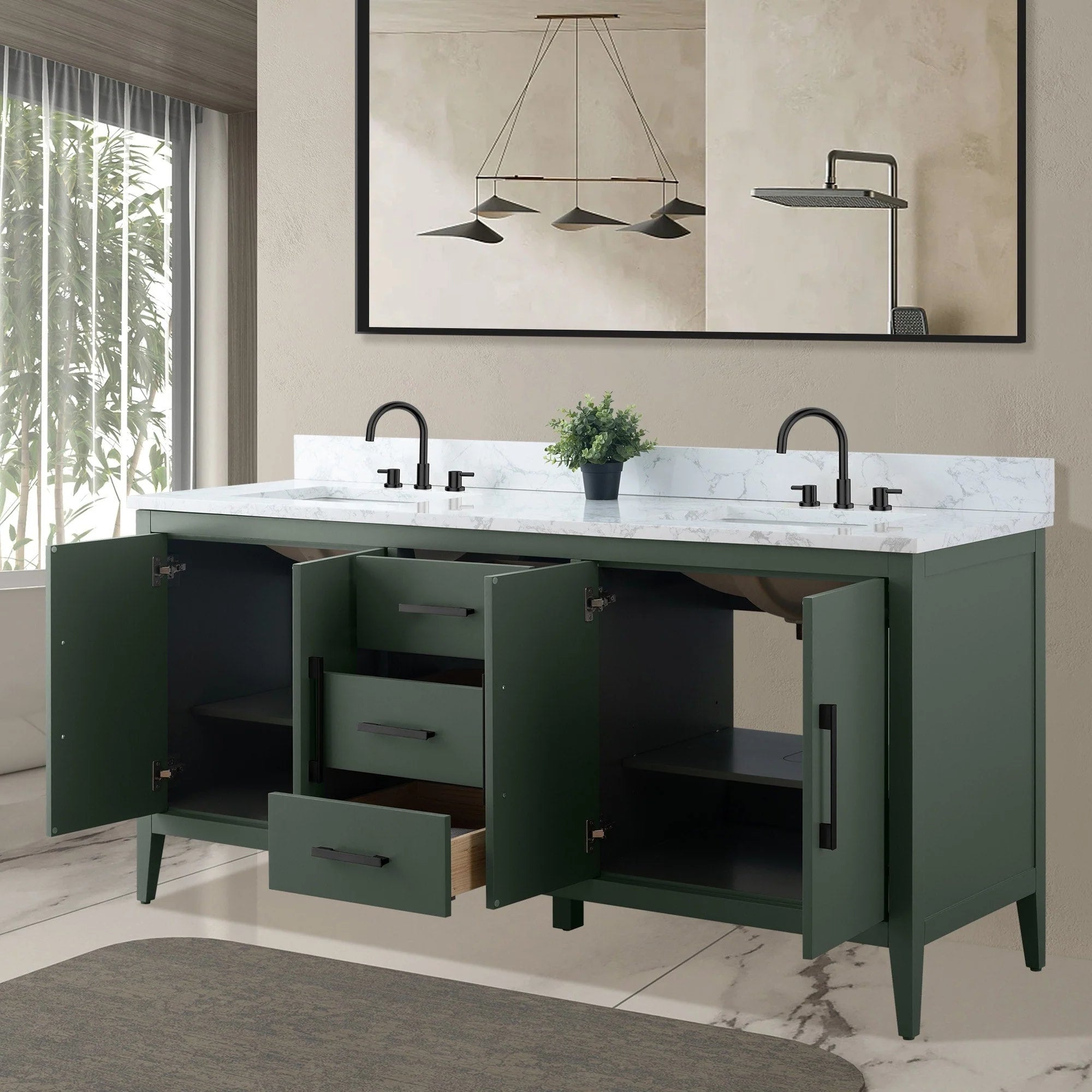 Vanity Art 72 Zoll Badezimmer-Waschtischunterschrank mit Doppelwaschbecken und Kunstmarmorplatte