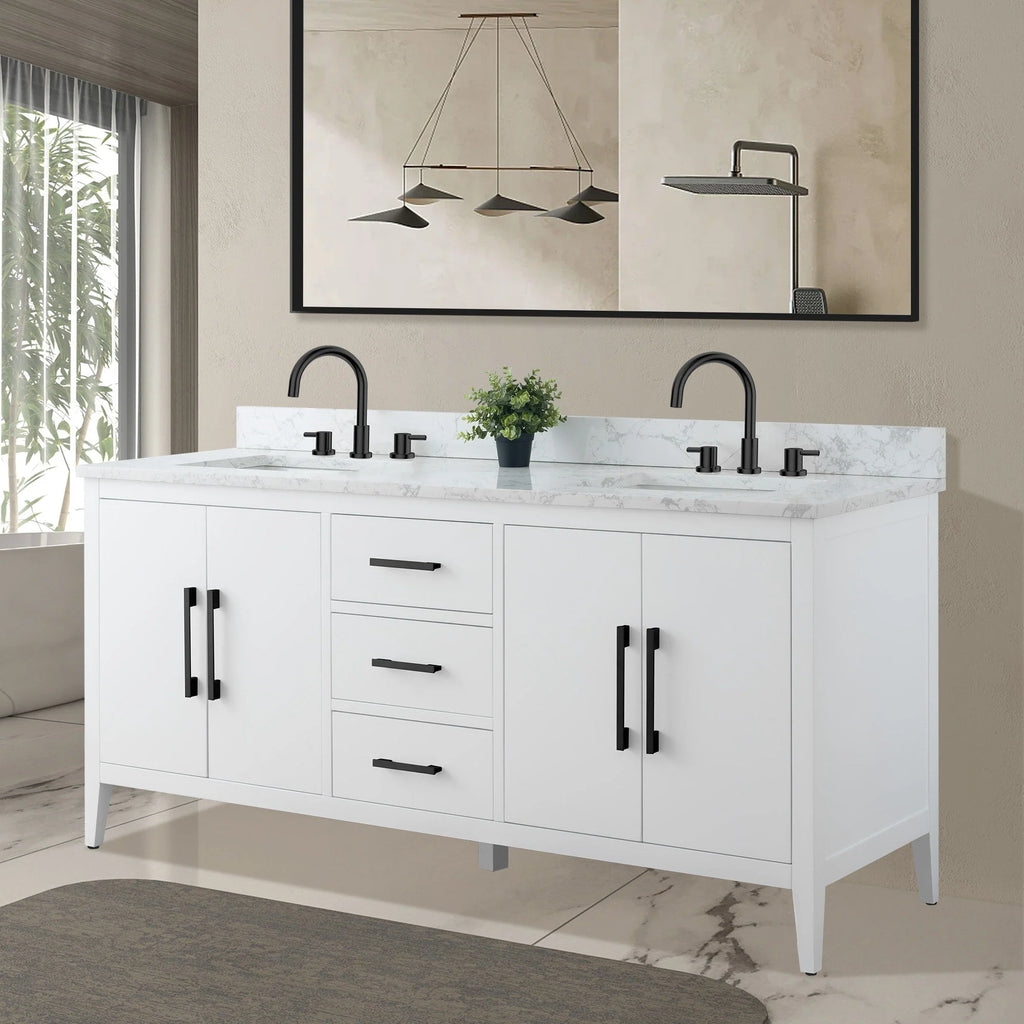 Vanity Art 72 Zoll Badezimmer-Waschtischunterschrank mit Doppelwaschbecken und Kunstmarmorplatte