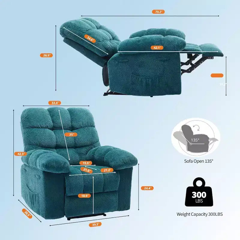 Manueller Relaxsessel, ergonomischer, atmungsaktiver Stoff-Relaxliege mit Seitentaschen, Einzelsessel, geeignet für Wohnzimmer Schlafzimmer
