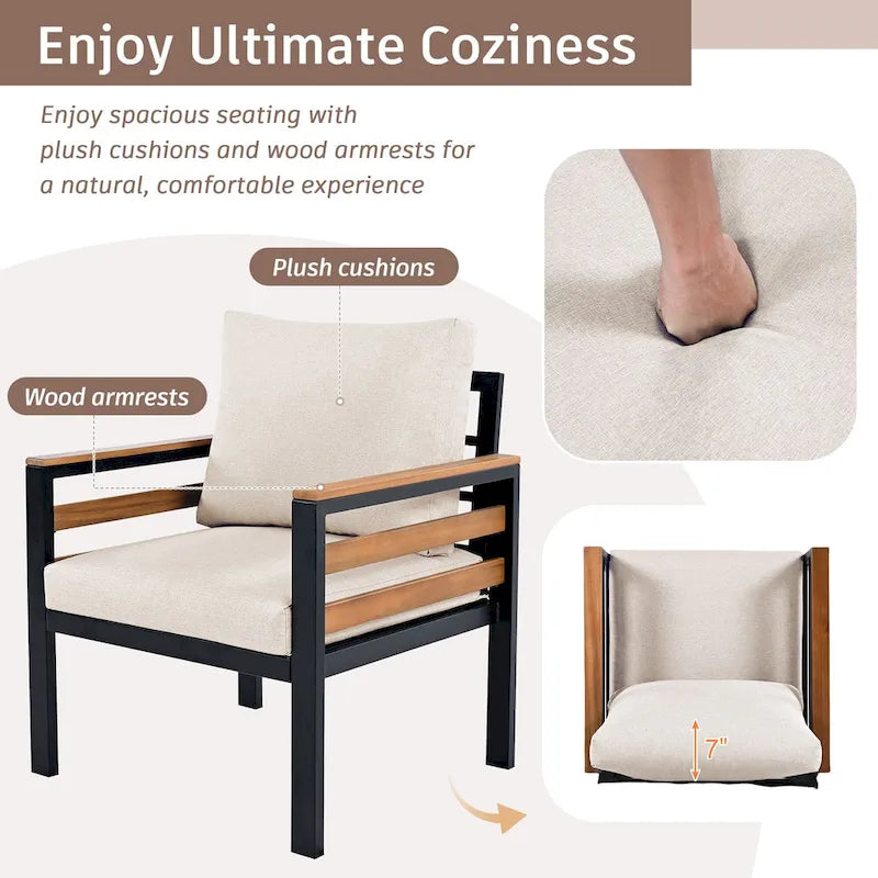 4-teiliges Outdoor-Sofa-Set für 5 Personen mit Couchtisch aus Massivholz und abnehmbaren Kissen