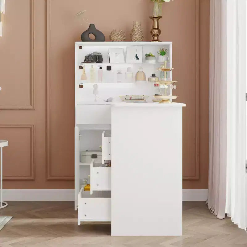 Weißer Nageltisch mit integrierter Staubabsaugung, Display aus gehärtetem Glas, goldenen Griffen, Nagelsalon-Station, Schminktisch